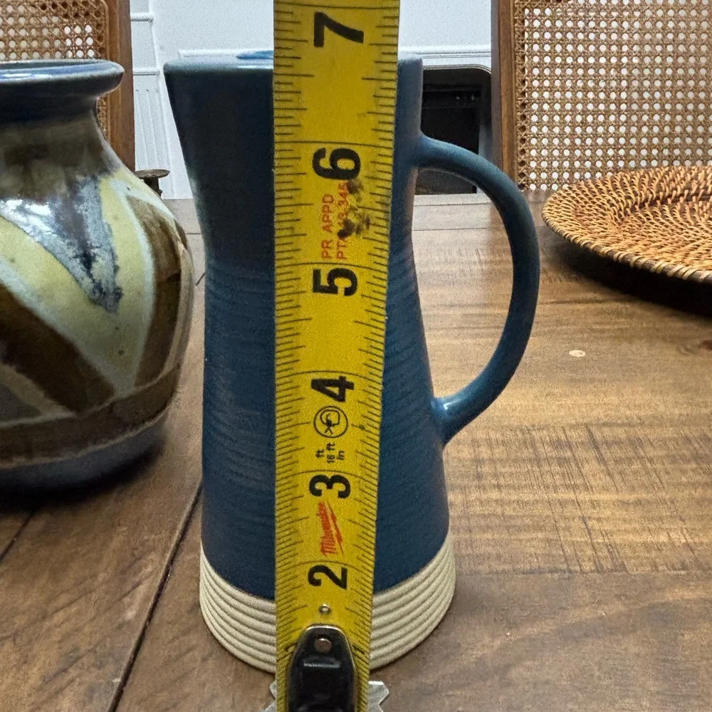 Crate&barrel blue and beige ceramic ribbed candle holder